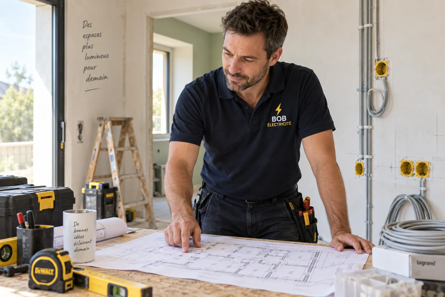 Illustration d’un électricien BOB préparant une installation dans une pièce en rénovation
